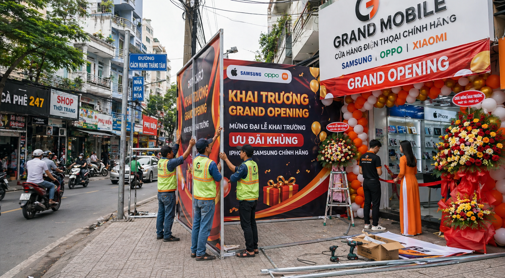 in backdrop khai trương cửa hàng điện thoại