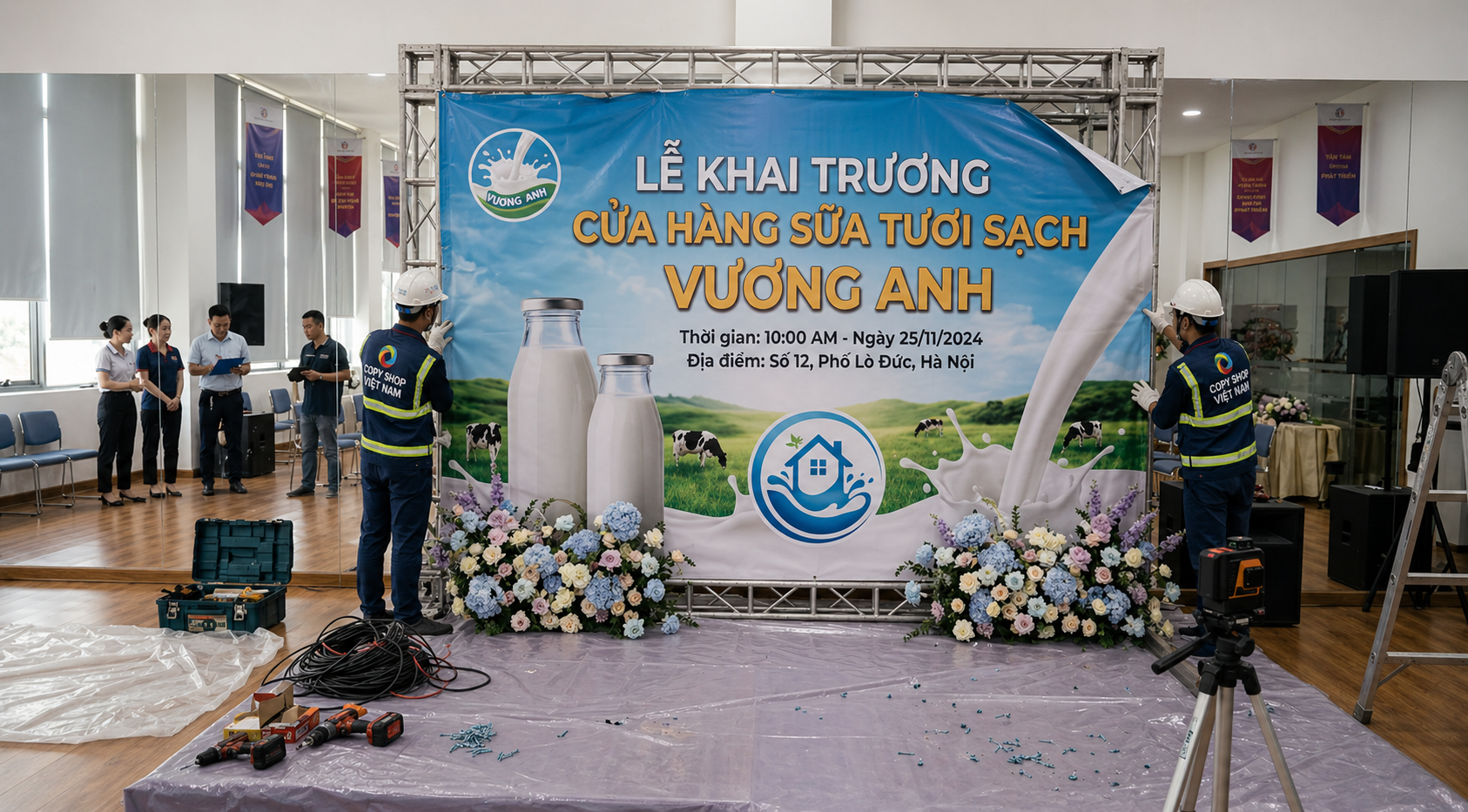 thi công backdrop khai trương cửa hàng sữa tphcm