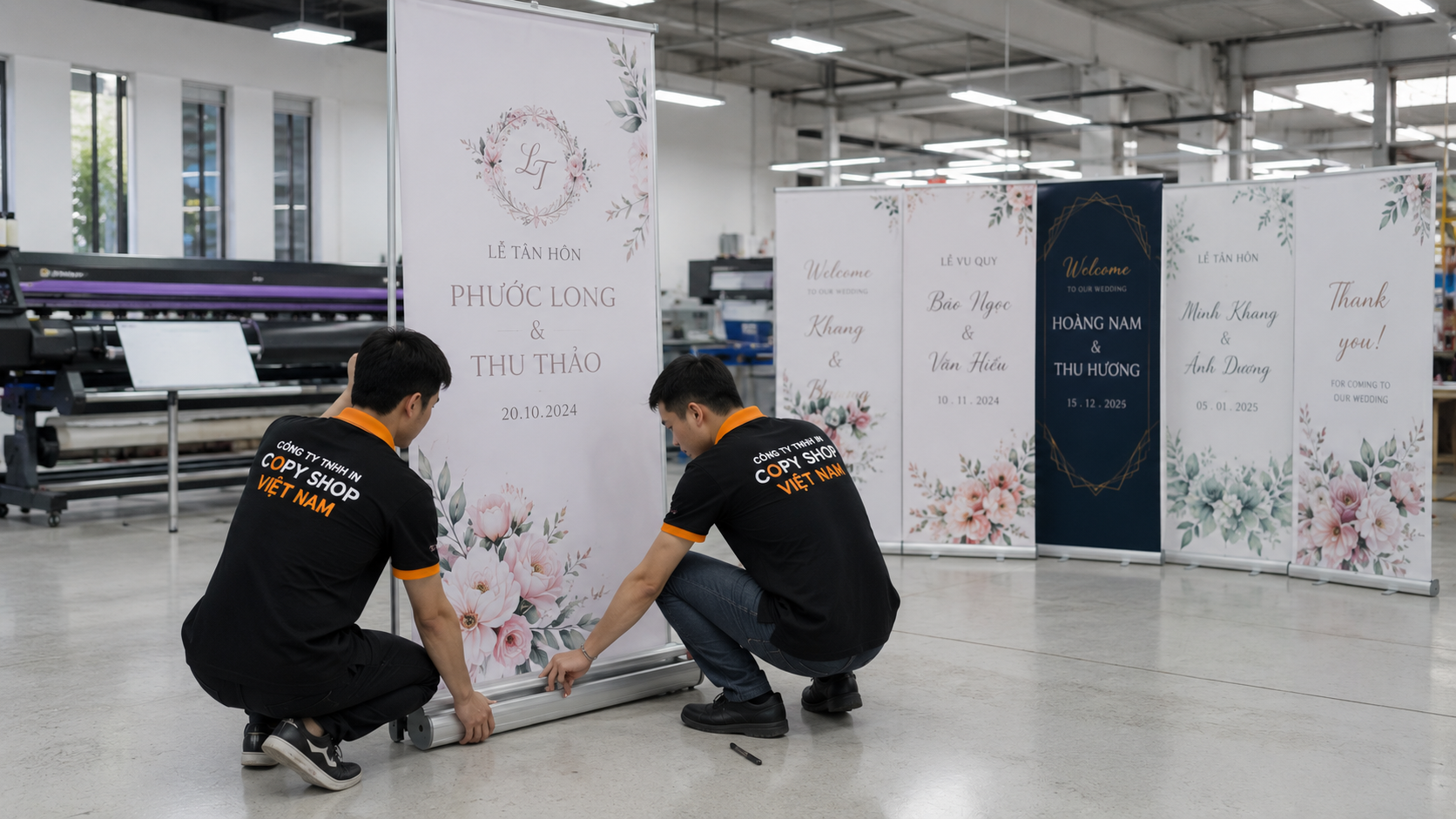 Kỹ thuật viên lắp ráp chân cuốn nhôm cho standee backdrop đám cưới