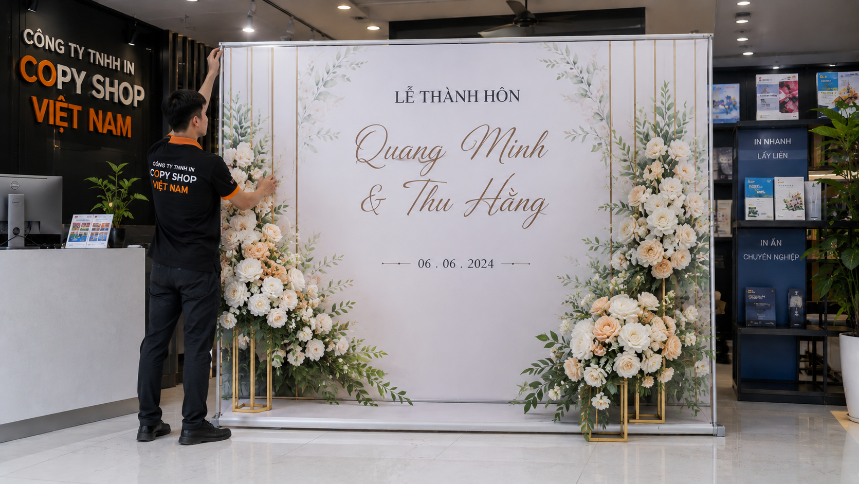 Công nhân dựng backdrop đám cưới hoàn thiện trong khu vực trưng bày showroom
