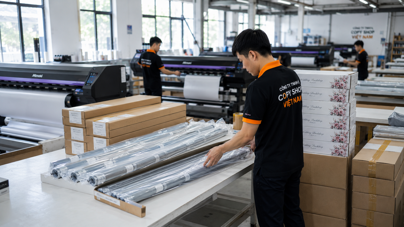 Nhân viên đóng backdrop đám cưới chuẩn bị giao khách