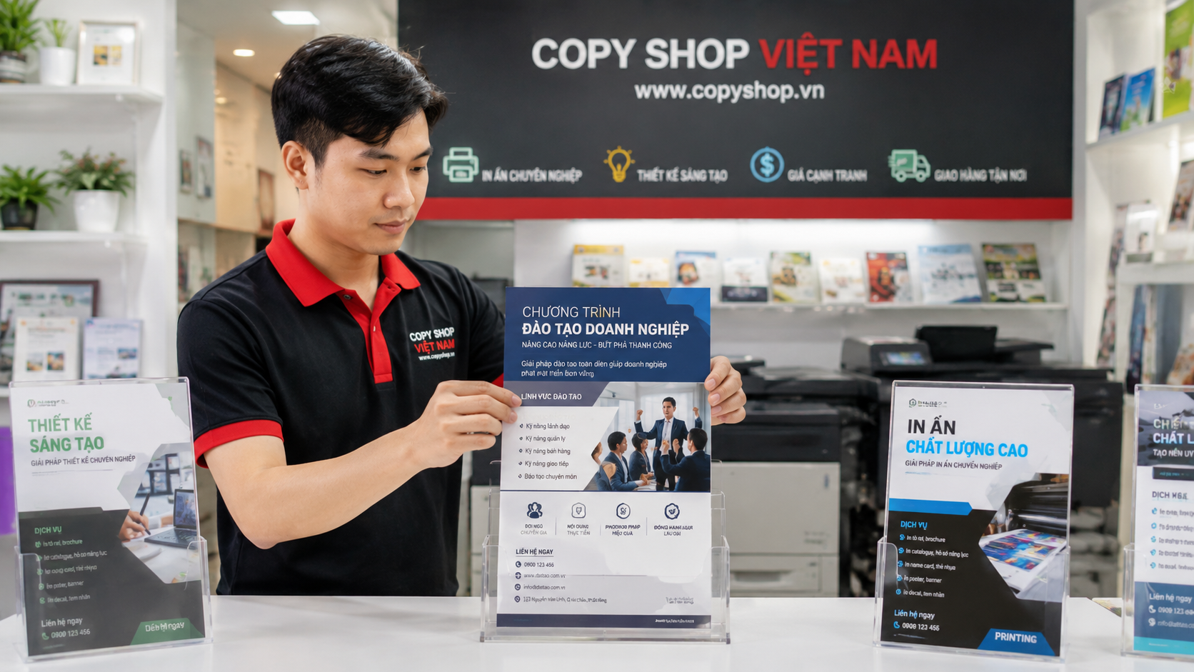 Công nhân trưng bày tờ rơi A4 chương trình đào tạo doanh nghiệp