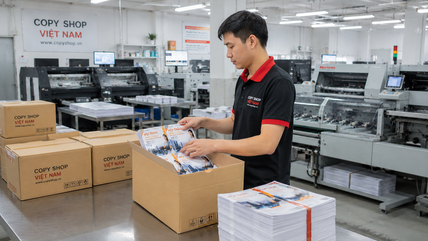 Nhân viên đóng gói tờ rơi A4 vào thùng carton giao hàng