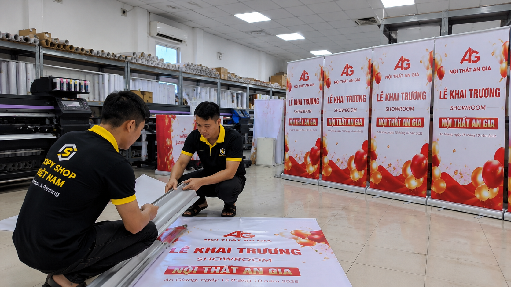 Mẫu Backdrop Khai Trương 3 Công nhân lắp ráp chân cuốn nhôm cho backdrop khai trương