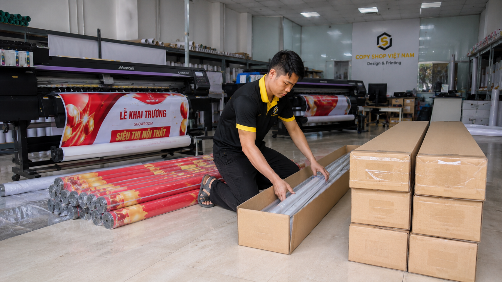 Mẫu Backdrop Khai Trương 5 Công nhân đóng gói backdrop khai trương chuẩn bị giao khách hàng