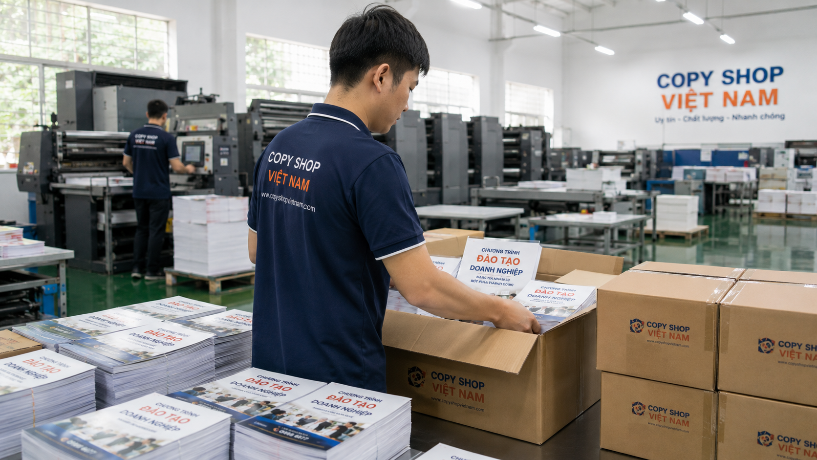 Công nhân đóng gói tờ rơi số lượng lớn chuẩn bị giao hàng
