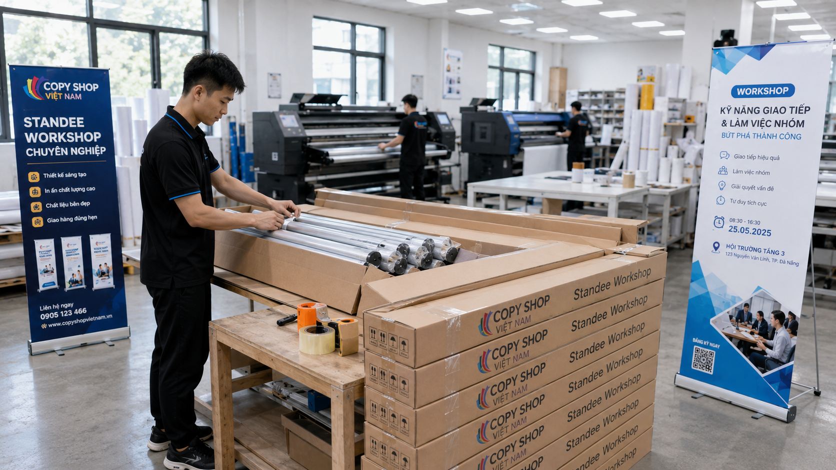 Công nhân đóng gói nhiều bộ standee workshop chuẩn bị giao khách