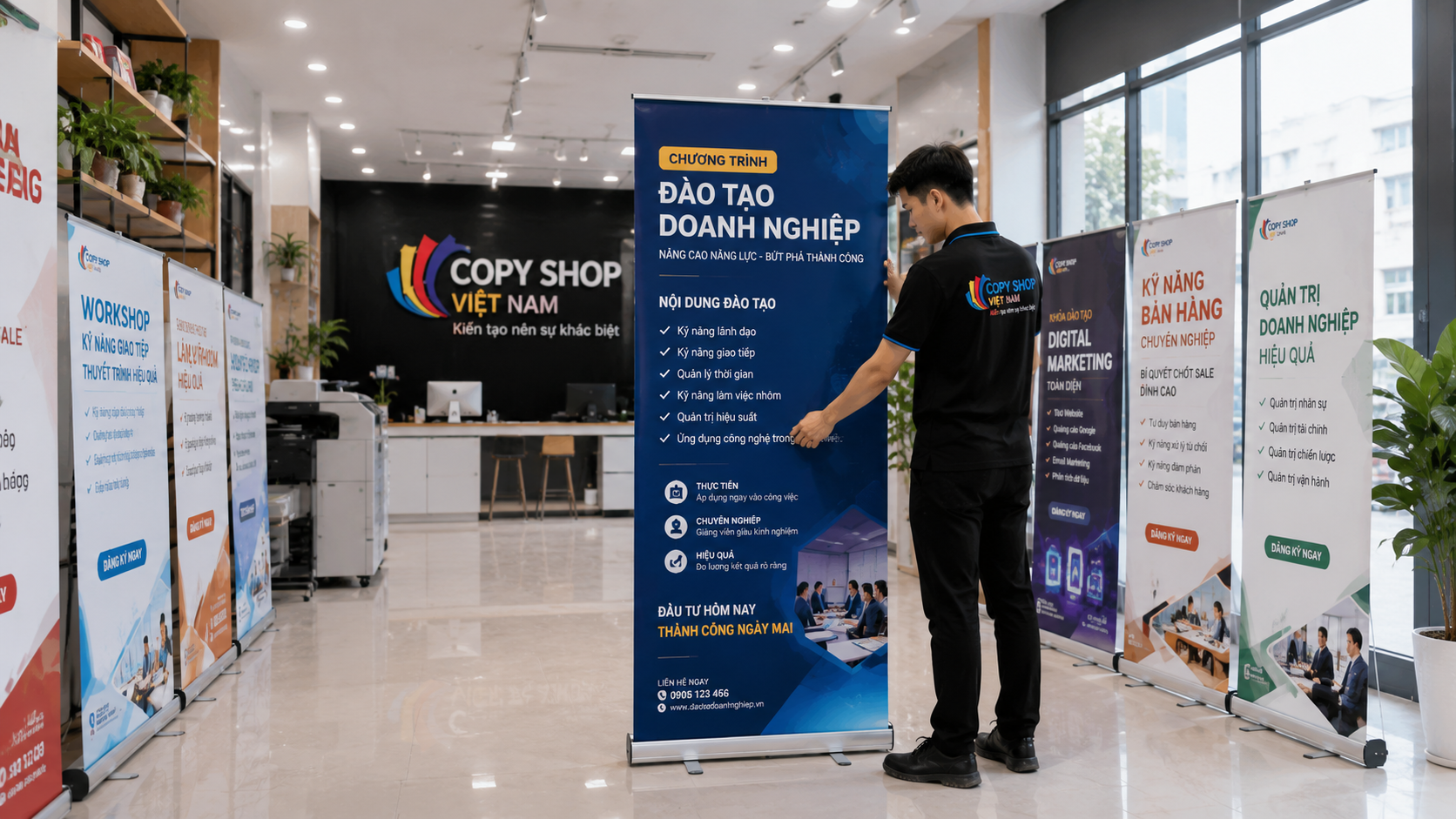 Công nhân dựng standee workshop đẹp tại khu vực trưng bày