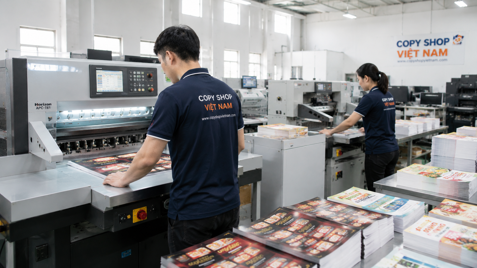 In Flyer Giao Tận Nơi 5 Công nhân thực hiện gia công hoàn thiện sản phẩm quảng cáo tại xưởng