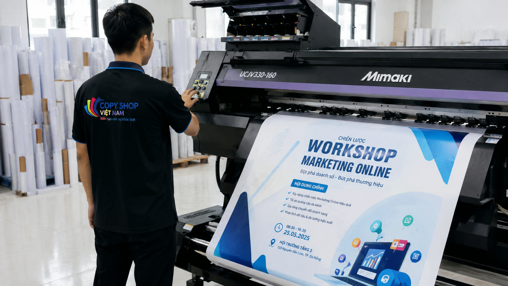 Công nhân vận hành máy in khổ lớn sản xuất standee workshop đẹp