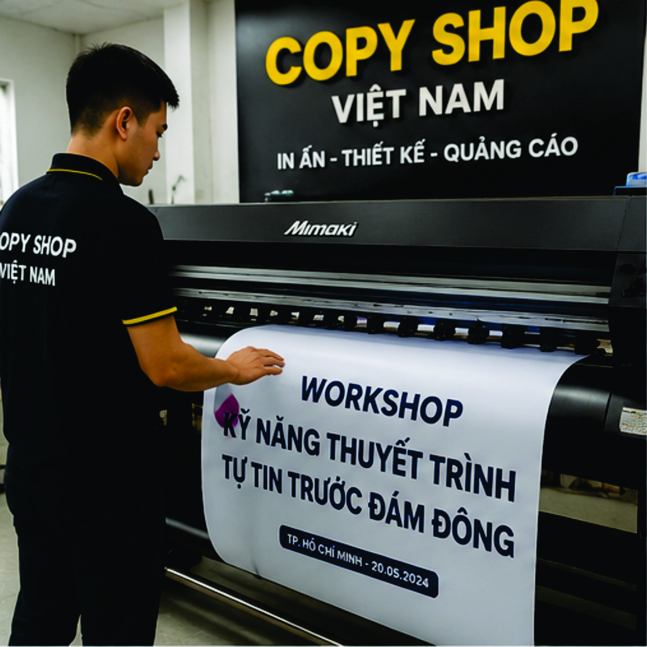 Công nhân Copy Shop Việt Nam đang in standee workshop tại xưởng sản xuất