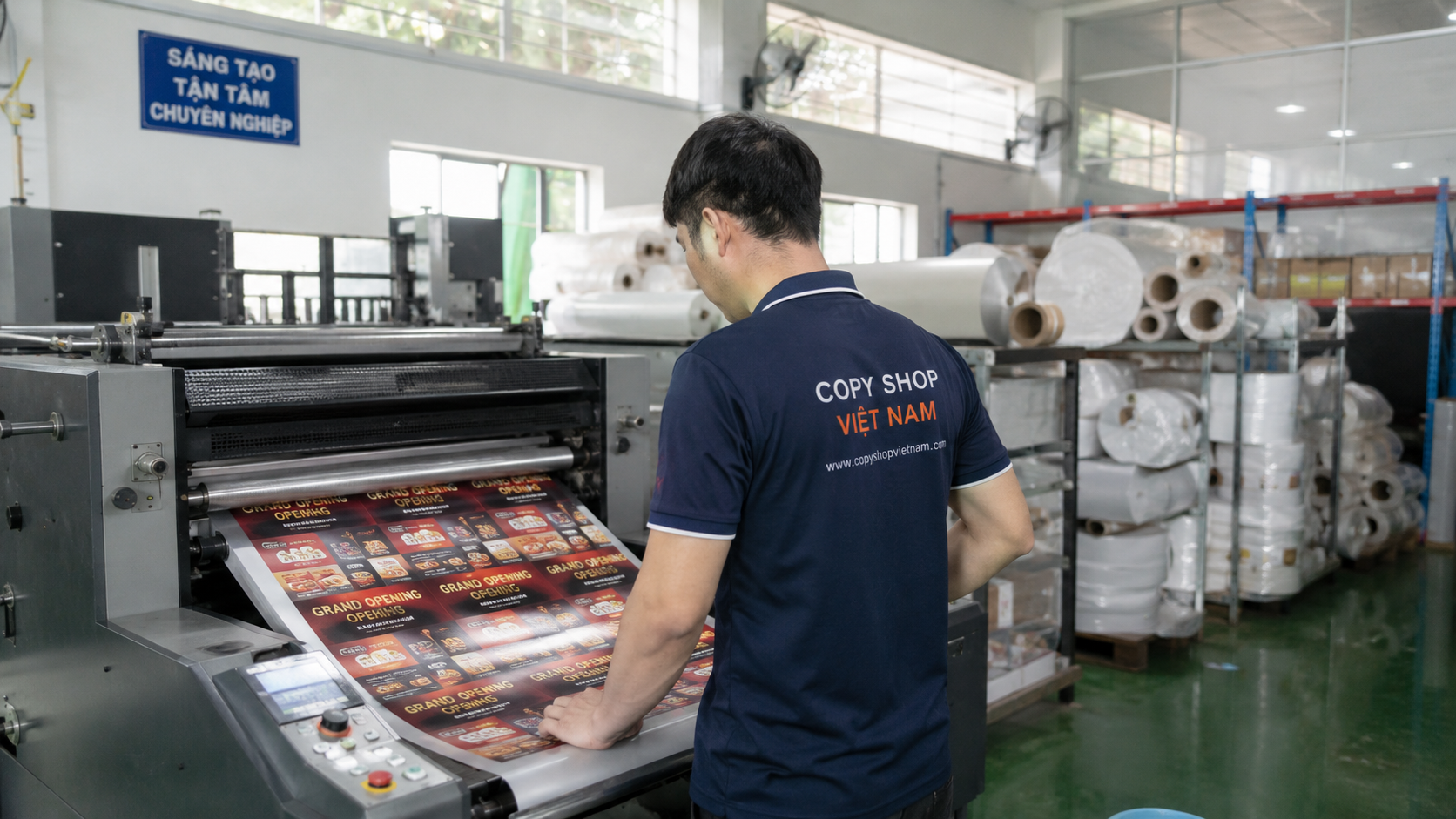 In Flyer Giao Tận Nơi 2 Công nhân vận hành máy in khổ lớn sản xuất flyer
