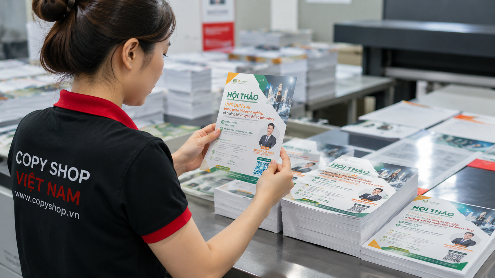 Nhân viên kiểm tra màu sắc tờ rơi A4 sau khi hoàn thiện in