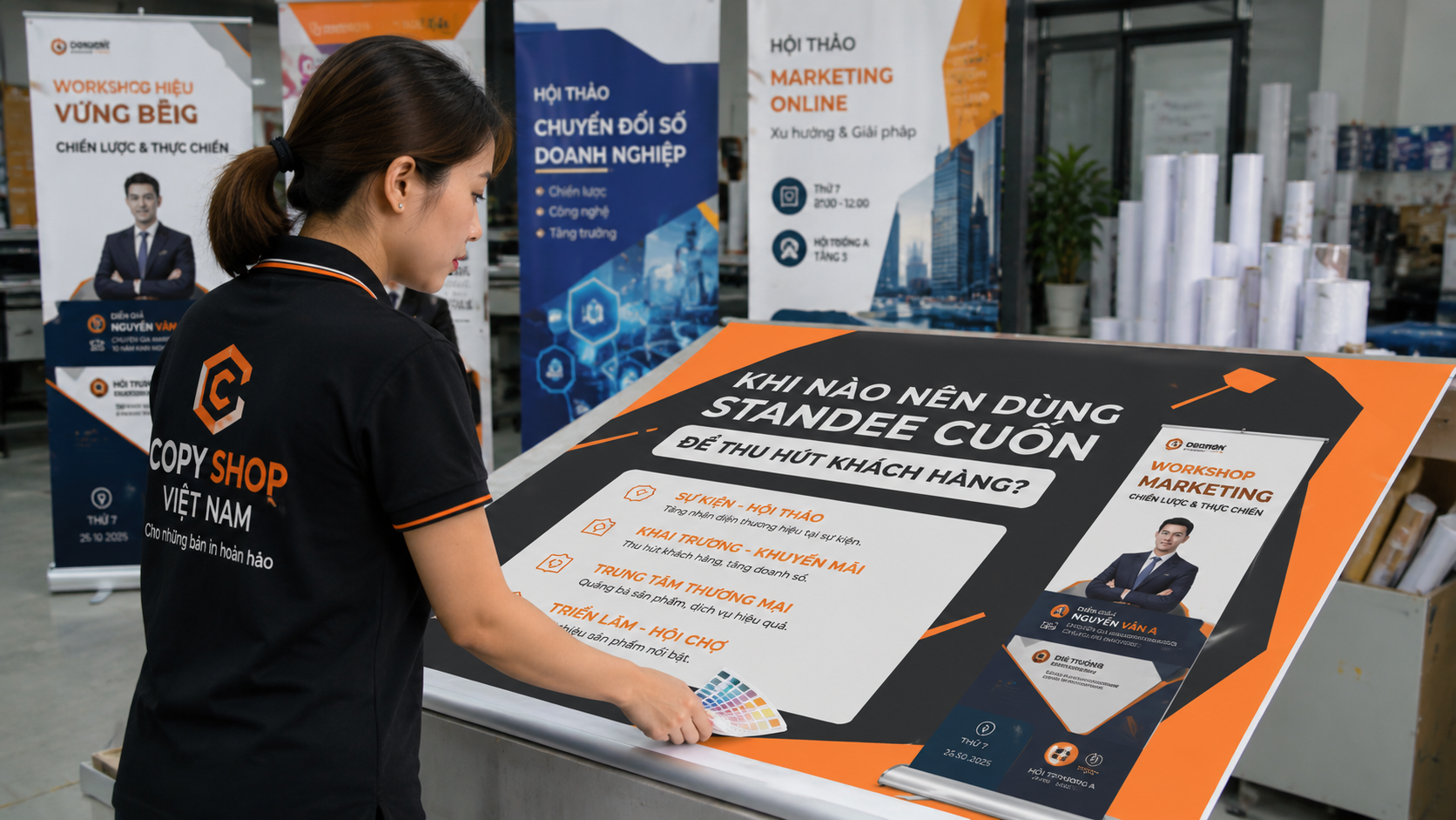 Nhân viên kiểm tra màu sắc standee cuốn trước khi bàn giao khách
