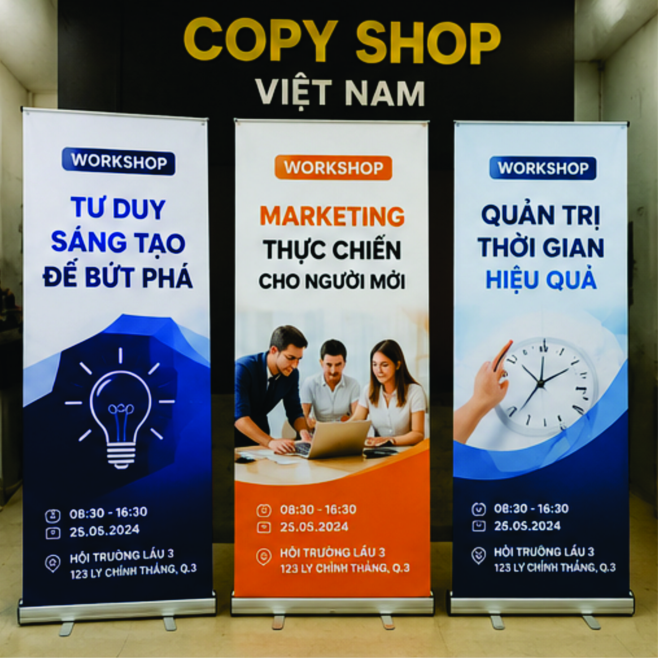 Nhân viên Copy Shop Việt Nam kiểm tra chất lượng standee workshop trước khi giao