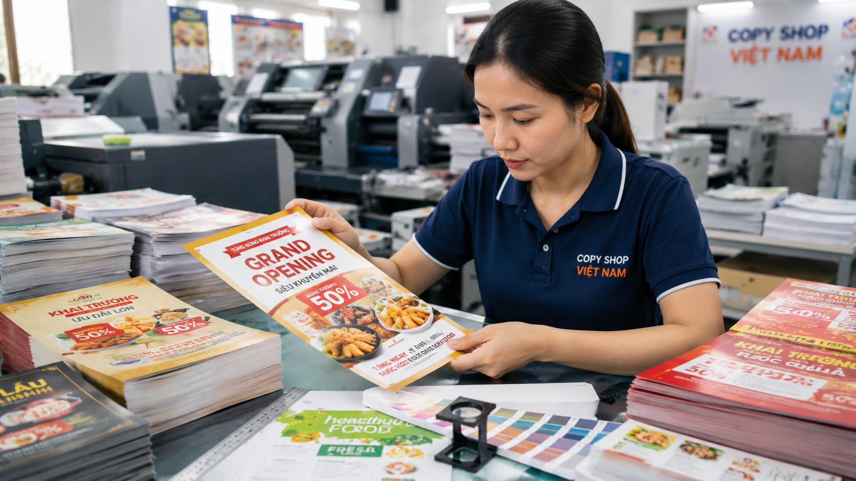 Nhân viên kiểm tra màu sắc flyer sau khi in hoàn thiện