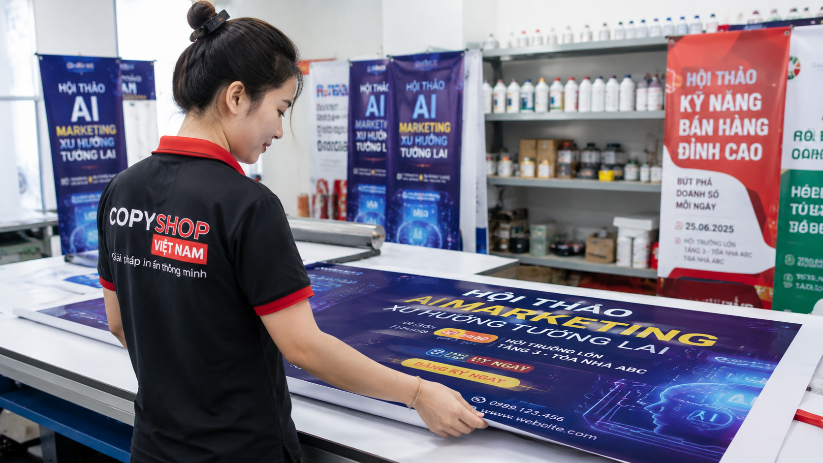Hình ảnh ghi lại công đoạn vận hành máy in khổ lớn trong quy trình in banner tphcm. Công nhân tập trung điều chỉnh thiết bị để đảm bảo chất lượng in sắc nét và đúng màu. Không gian xưởng sạch sẽ, máy móc hoạt động ổn định, thể hiện quy trình sản xuất chuyên nghiệp.