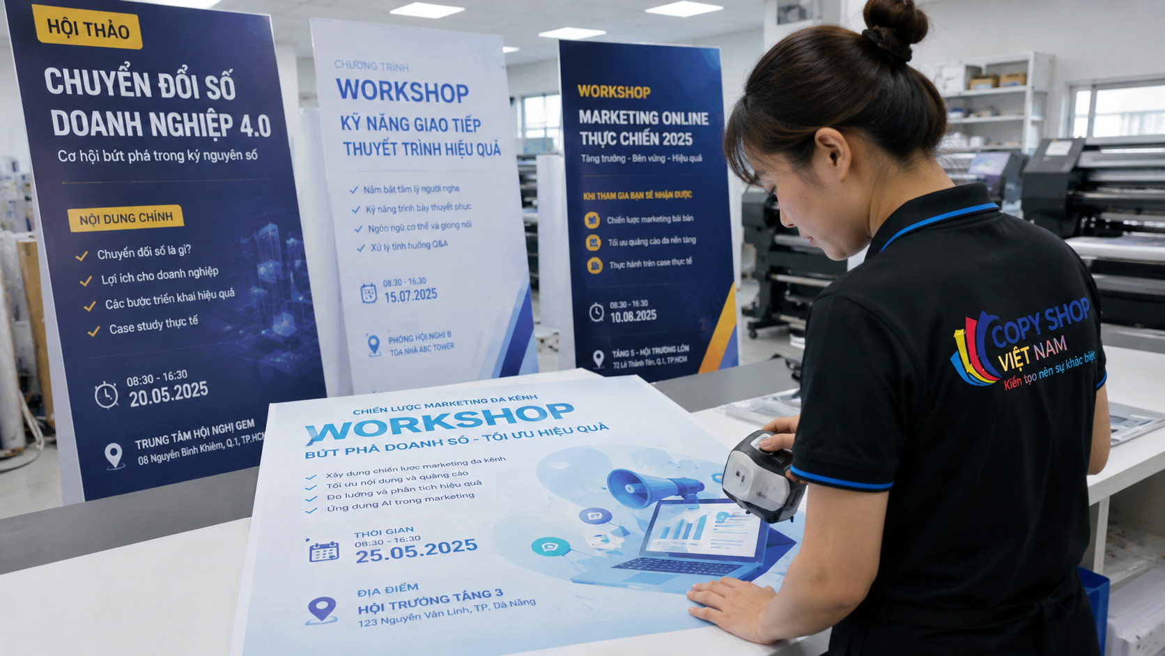 Công nhân kiểm tra màu sắc standee workshop đẹp sau khi in