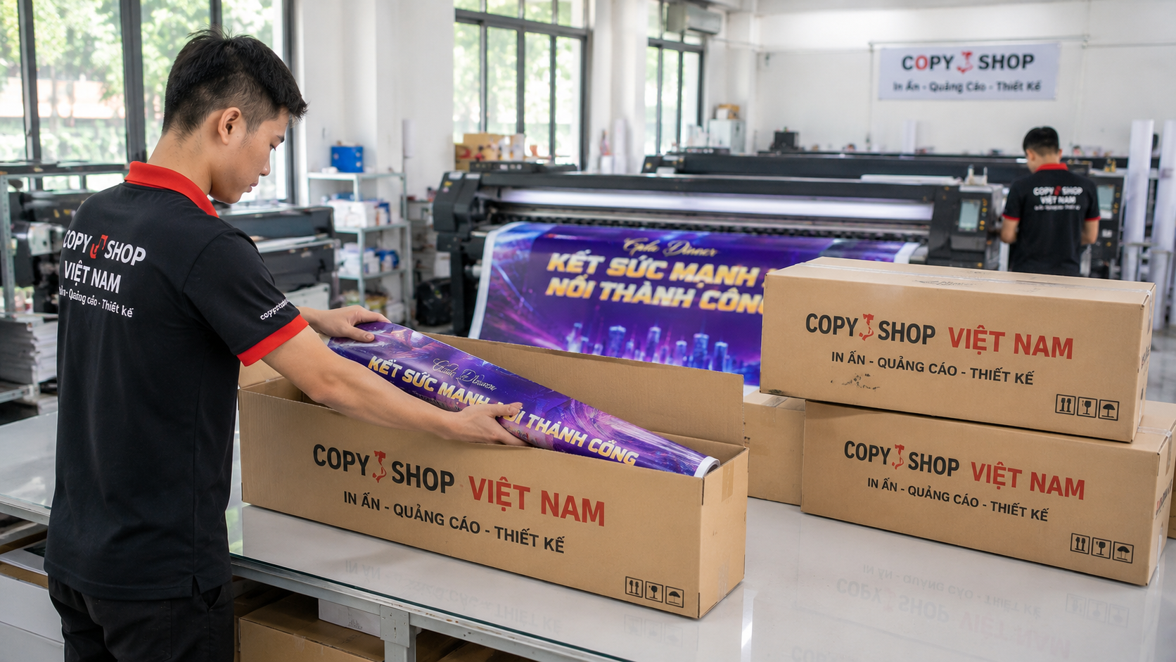 bảng giá in bạt quảng cáo 5 Nhân viên đóng gói bạt quảng cáo
