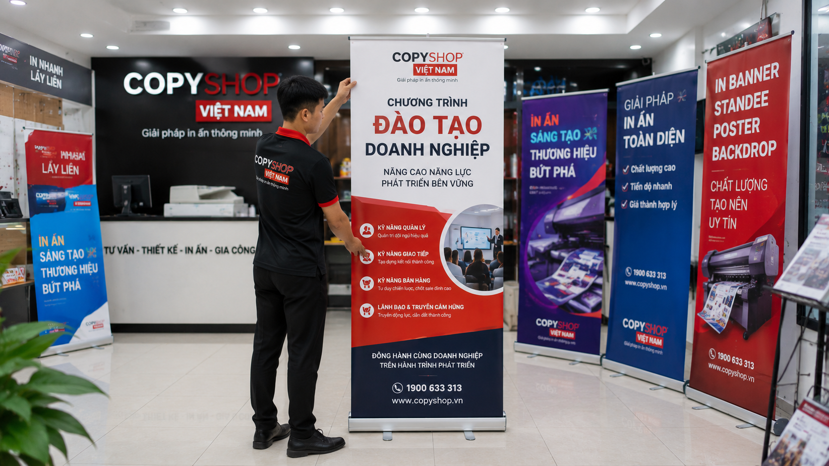 Nhân viên dựng standee workshop hoàn thiện trong dịch vụ in banner tphcm trưng bày