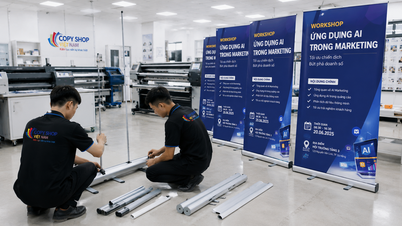 Công nhân lắp ráp chân cuốn nhôm cho standee workshop hoàn thiện