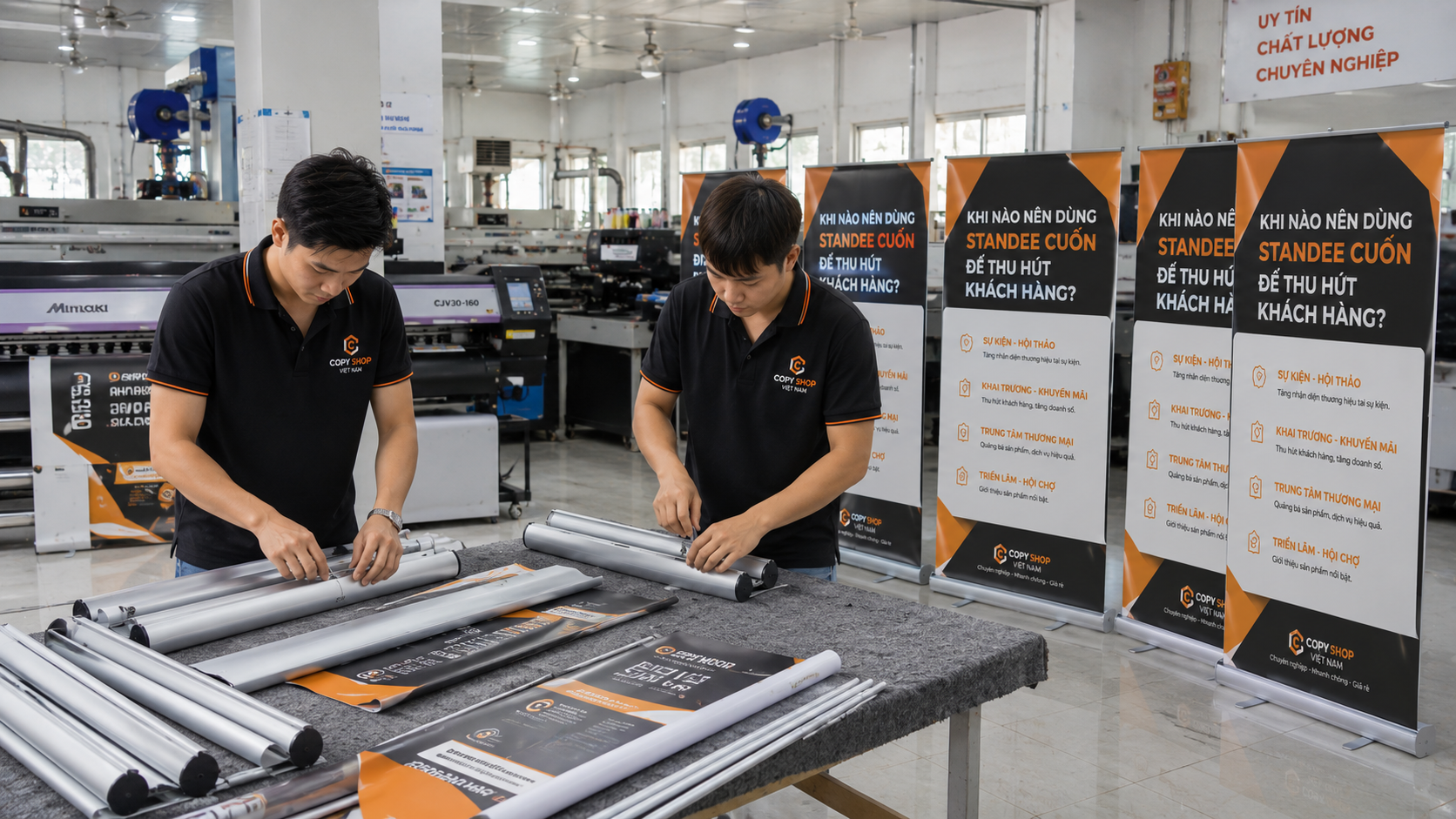 Công nhân lắp ráp chân nhôm cho standee cuốn hoàn thiện