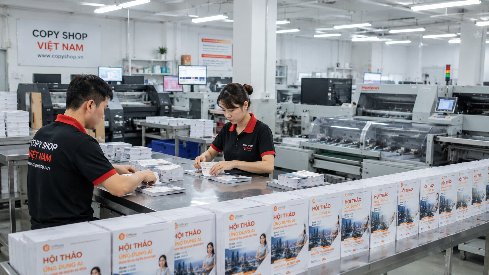 Hai công nhân lắp ráp và hoàn thiện các bộ tờ rơi A4