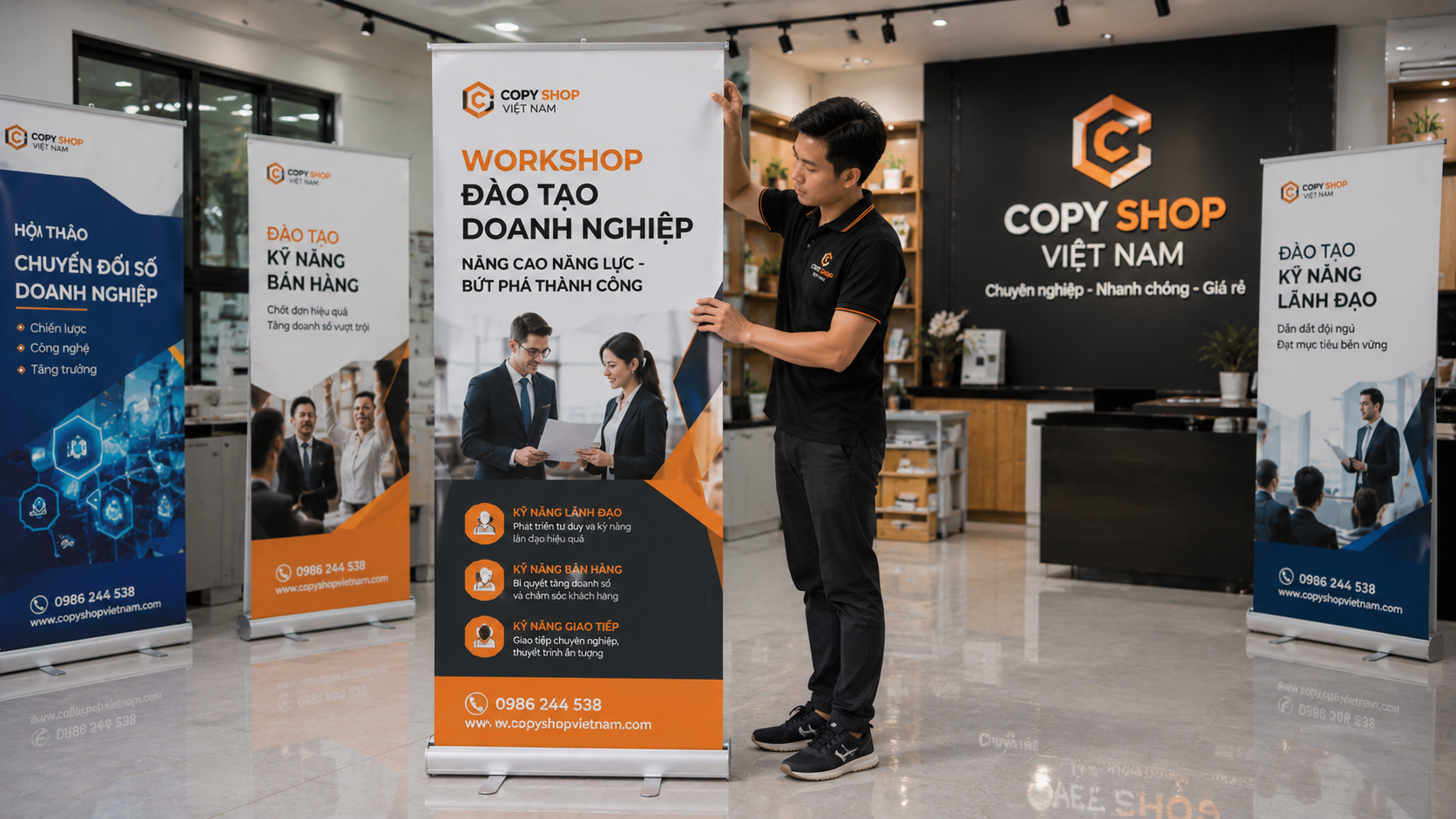 Nhân viên dựng standee workshop hoàn thiện trong khu vực trưng bày
