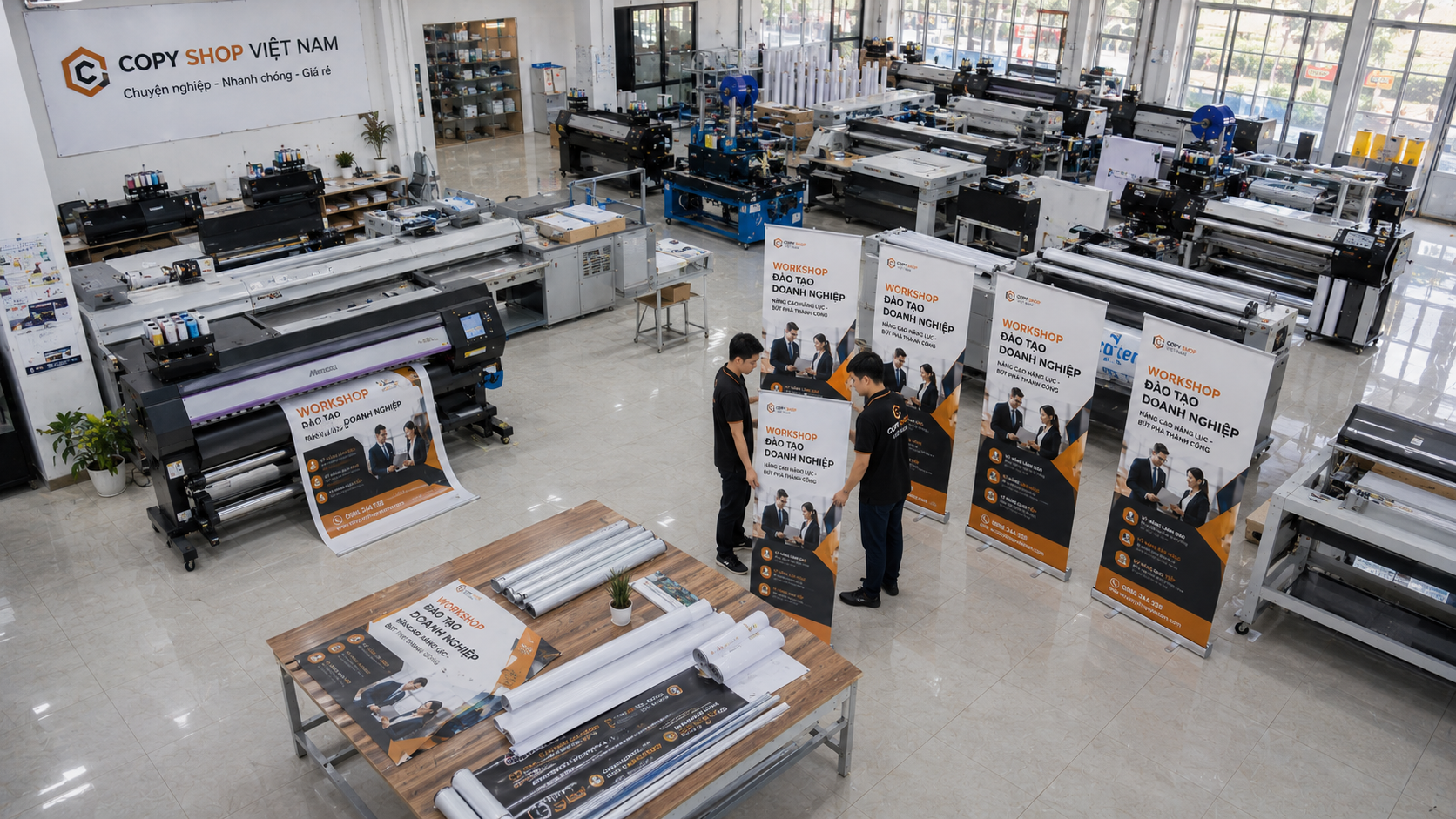 Toàn cảnh xưởng in standee hiện đại với nhiều máy in hoạt động