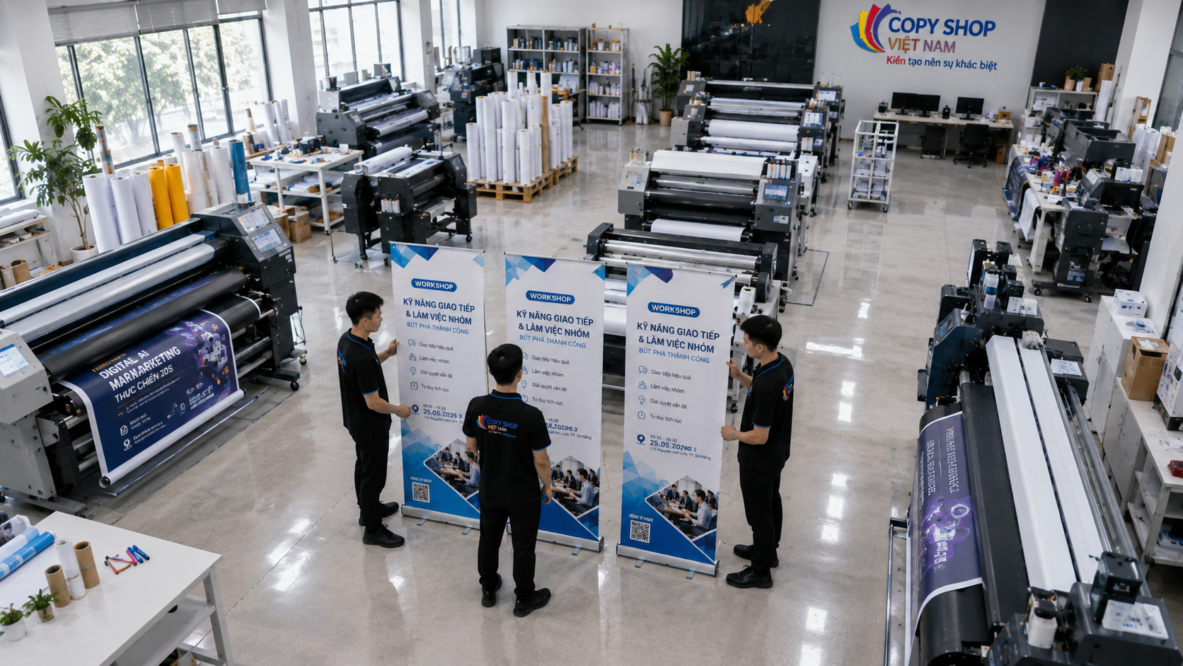 Toàn cảnh xưởng in sản xuất standee workshop đẹp quy mô lớn