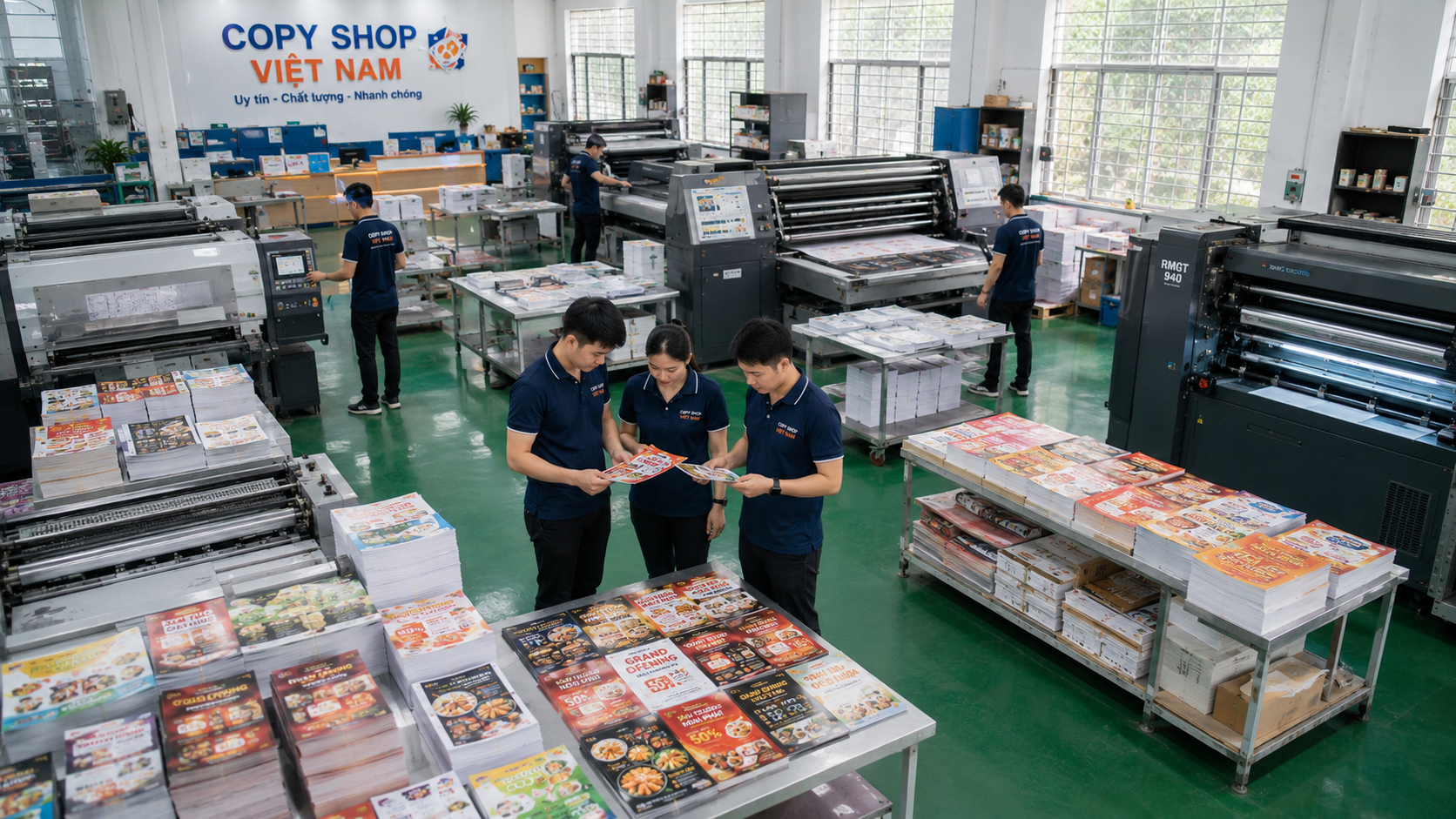 Toàn cảnh xưởng in tờ rơi TPHCM với nhiều máy hiện đại