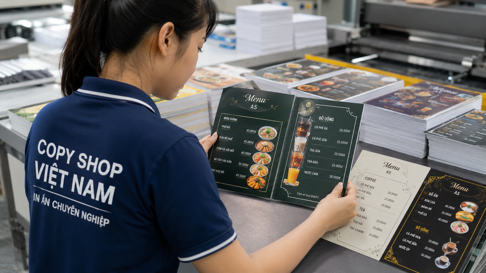 In Menu Nhựa A5 3 Nhân viên kiểm tra màu sắc menu nhựa A5 sau in nhằm đảm bảo chất lượng thành phẩm.