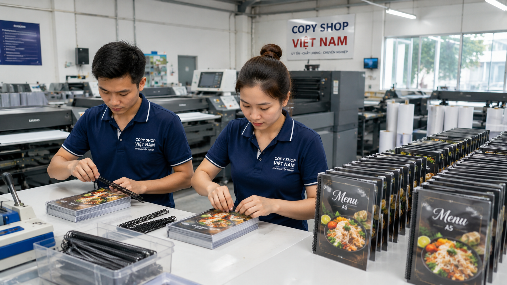 In Menu Nhựa A5 4 Hai công nhân đóng lò xo hoàn thiện In Menu Nhựa A5 trong xưởng sản xuất hiện đại.