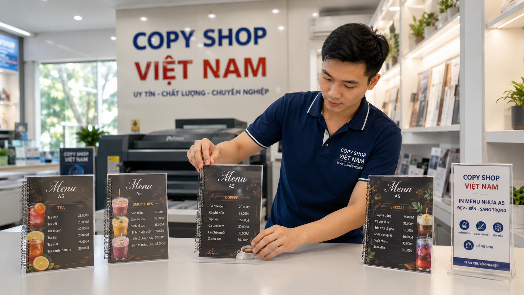 In Menu Nhựa A5 1 Công nhân trưng bày menu nhựa A5 hoàn thiện trong showroom Copy Shop Việt Nam.
