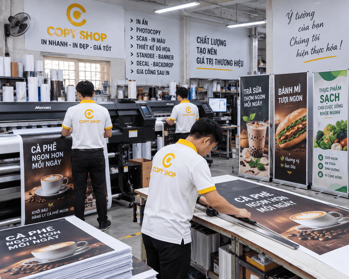Công nhân gia công standee tại xưởng dịch vụ in standee TPHCM Copy Shop