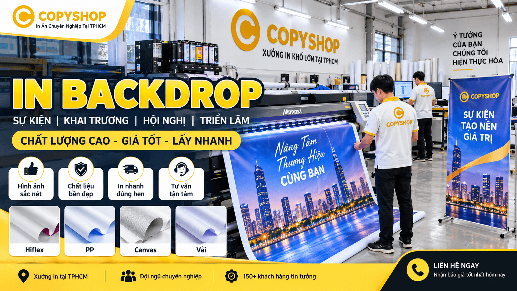 In backdrop TPHCM tại xưởng in Copy Shop với máy in khổ lớn và nhân viên gia công backdrop