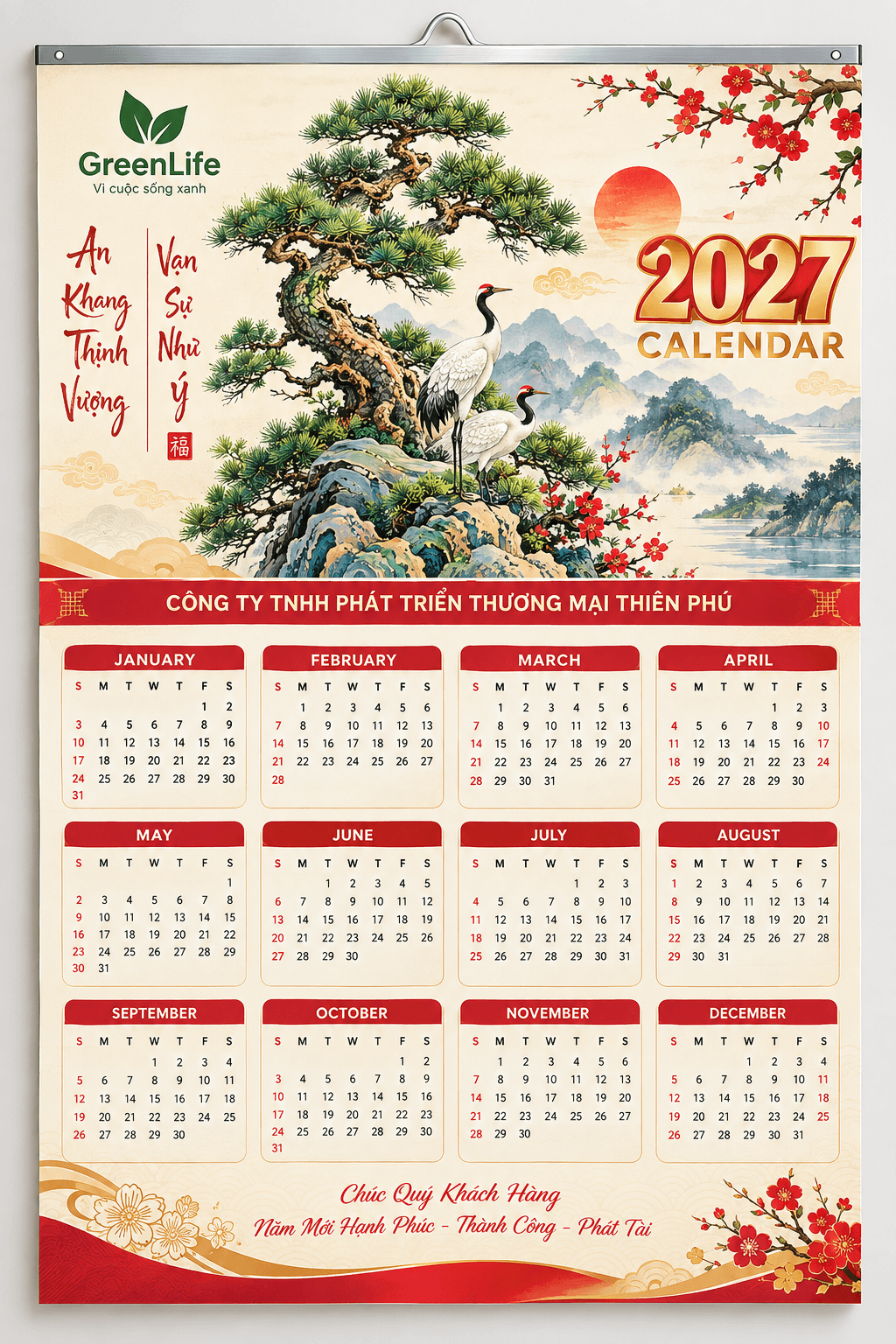 Mẫu lịch treo tường 2027 5 tờ nẹp thiếc truyền thống nhiều màu sắc