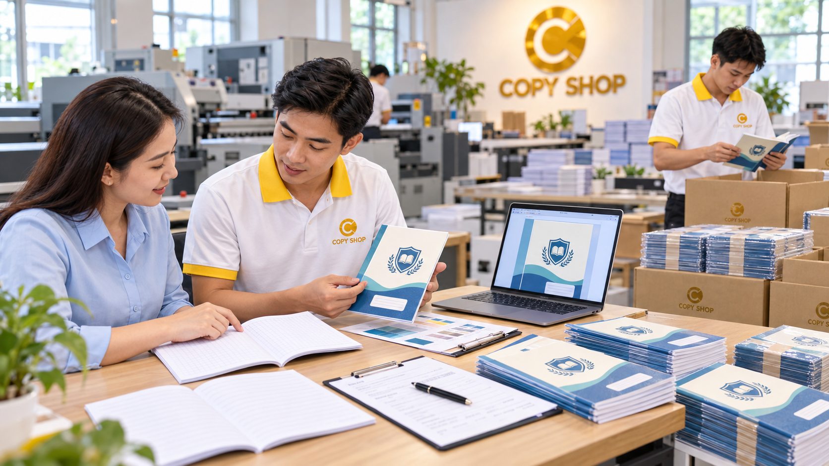 Nhân viên Copy Shop tư vấn mẫu bìa và dòng kẻ cho đại diện nhà trường, phía sau là khu kiểm tra và đóng gói tập