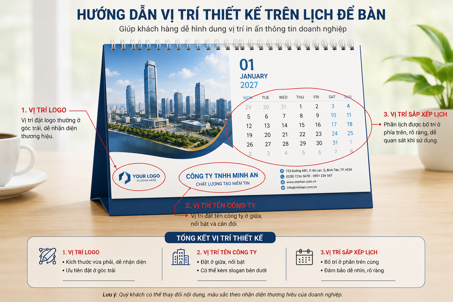 Lịch để bàn doanh nghiệp hướng dẫn vị trí thiết kế logo, tên công ty và phần lịch