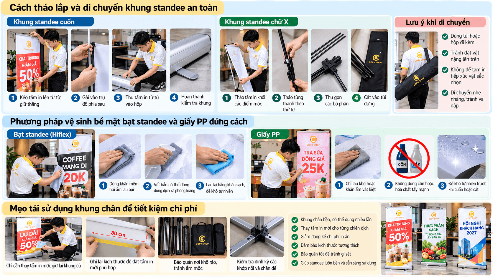 Review in standee hướng dẫn tháo lắp, vệ sinh và tái sử dụng khung standee