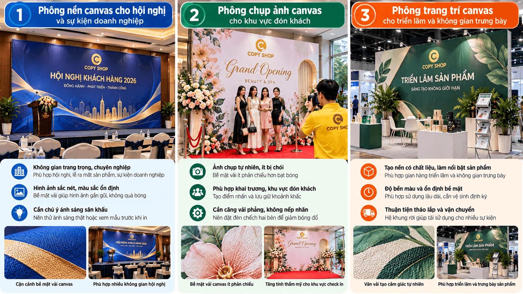 In backdrop canvas cho hội nghị doanh nghiệp, khu vực chụp ảnh check in và gian hàng triển lãm với phông nền vải trang trí tại Copy Shop.