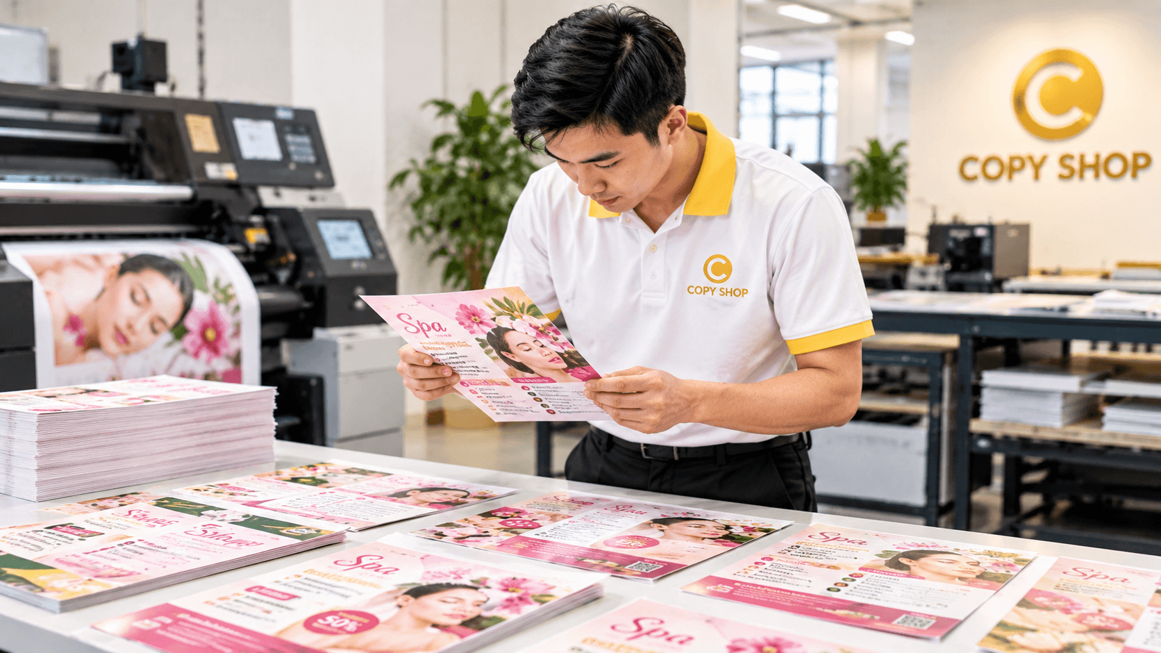 Nhân viên Copy Shop kiểm tra chất lượng in tờ rơi spa