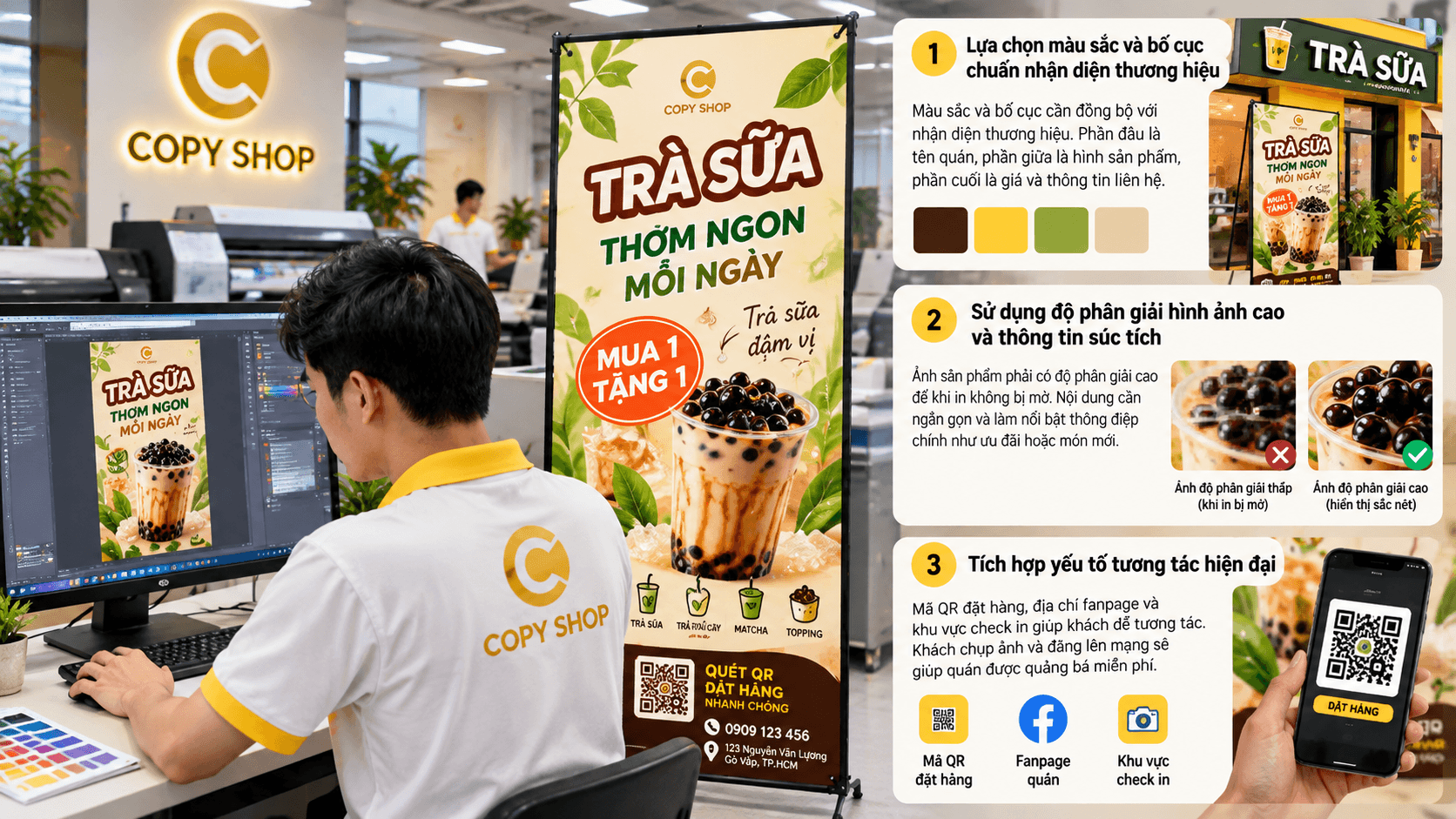 Nhân viên Copy Shop thiết kế in standee trà sữa với hình ảnh sắc nét và mã QR
